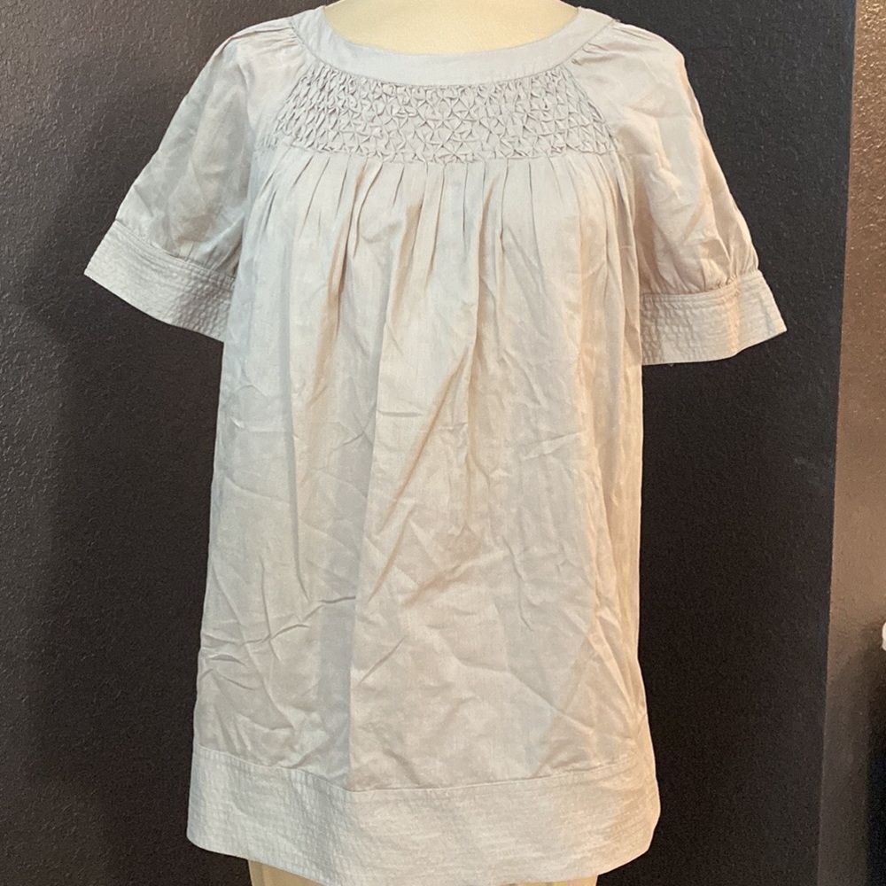 Zara Basic tan beige lightweight cotton smocked and pleated tunic blouse top